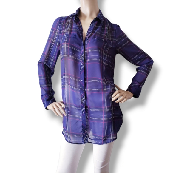 Guess Purple & Pink Plaid Print Chiffon Sheer Long Sleeve Blouse Size Small - Picture 5 of 8